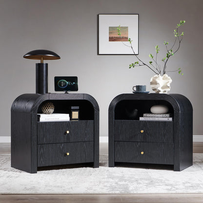 T4TREAM 24" Fluted Nightstand Set of 2 with Charging Station, Dark Walnut