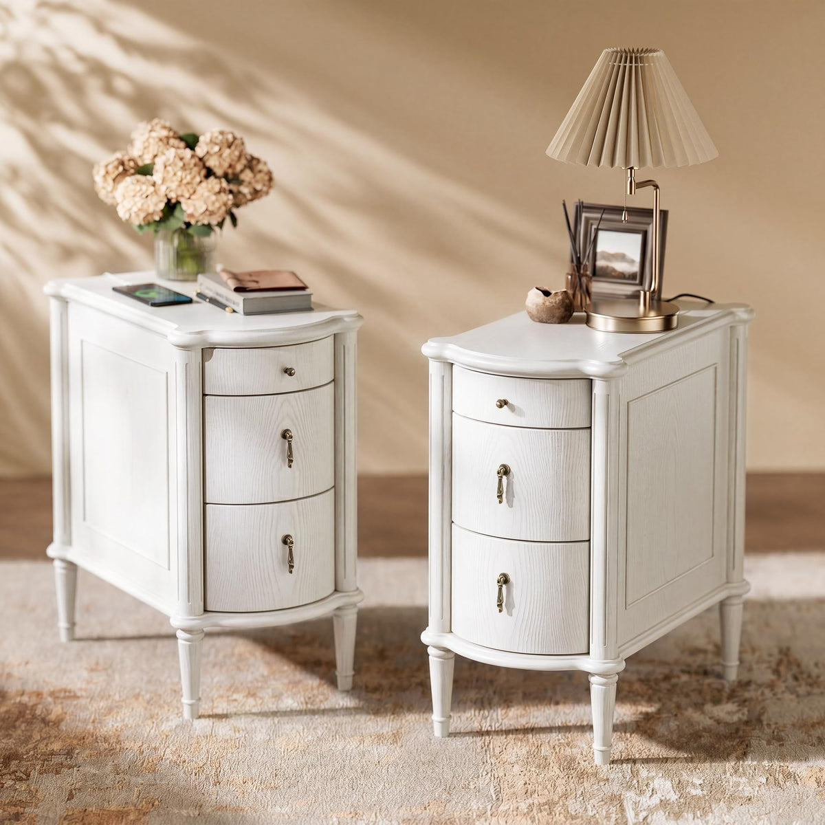 STO'SENSE Nightstand w/Charging Station & 3 Drawers, Pre-Assembled, Vintage Side Table w/Antique-Finished Pulls, Rustic Wood Finish, Narrow End Table w/Turned Legs for Bedroom (1, Ivory White)