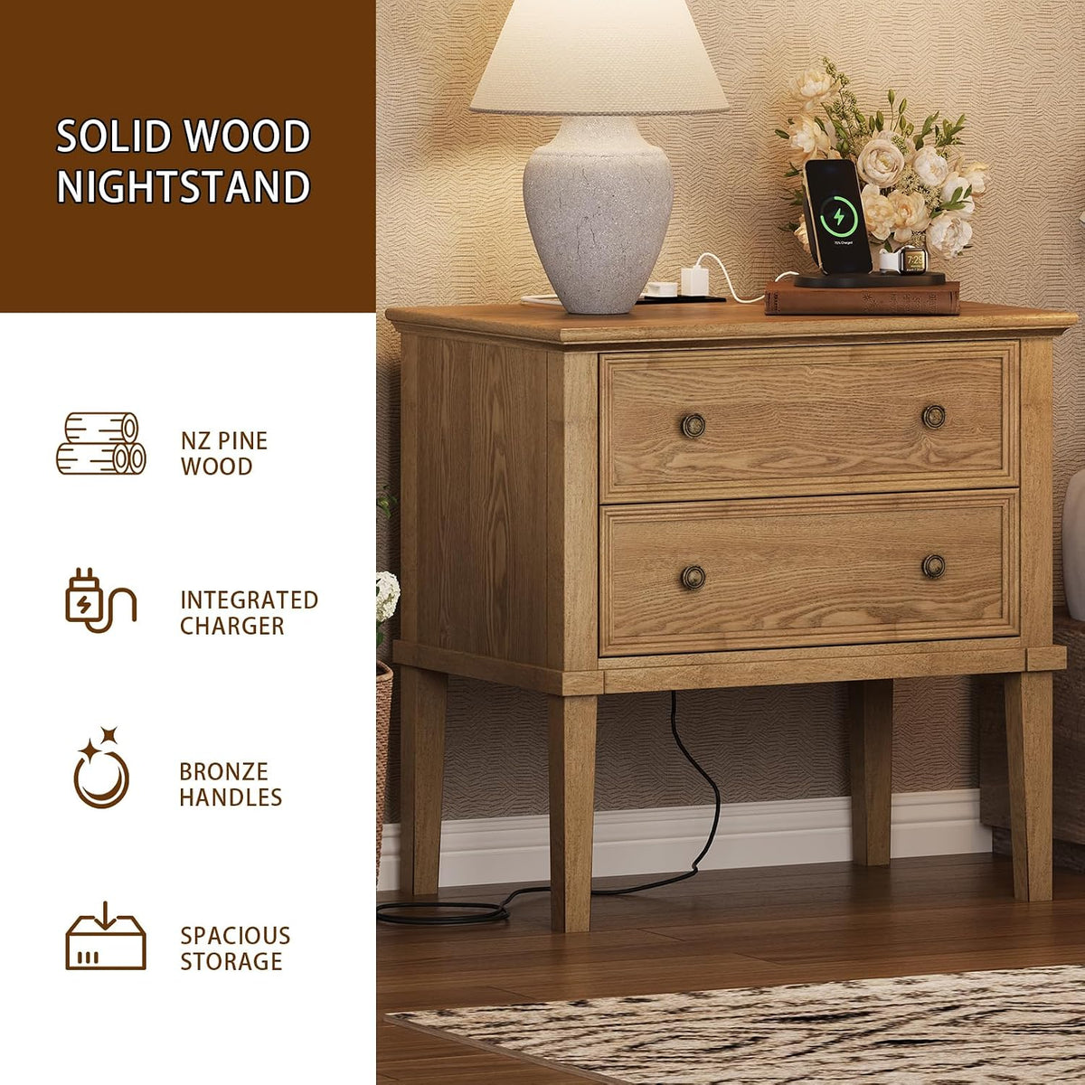 IKENO Solid Wood Nightstand with Charging Station, Farmhouse End Table with 2 Solid Wood Drawers, Farmhouse Style Side Table, Suitable for Bedroom, Teak