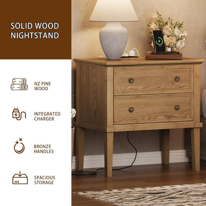 IKENO Solid Wood Nightstand with Charging Station, Farmhouse End Table with 2 Solid Wood Drawers, Farmhouse Style Side Table, Suitable for Bedroom, Teak
