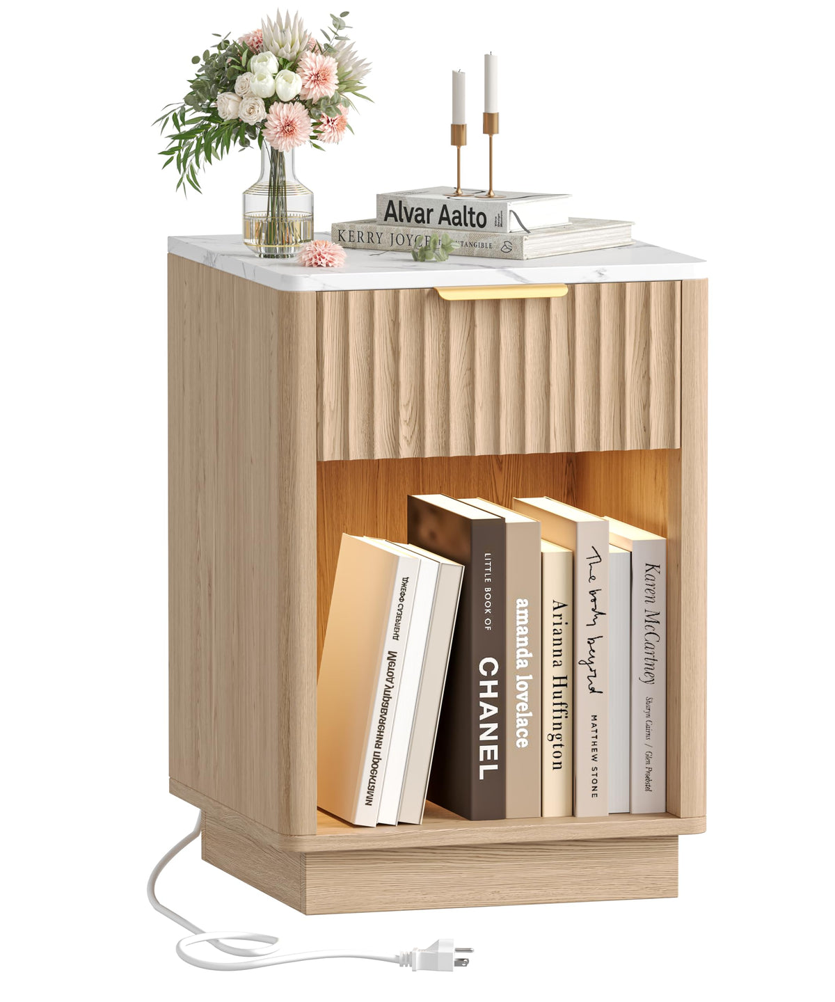 Akxomel Fluted Nightstand Set 2 Bedside Table with Charging Station Black