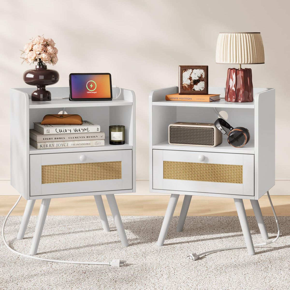 SUPERJARE Nightstands Set of 2, Night Stands with Charging Station