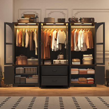Tall Farmhouse 2 Doors Armoire Wardrobe Closet with LED ,72" Freestanding Arched Wardrobe Closet Cabinet for Bedroom w Glass Doors,Wooden Clothing Storage Cabinet,Closets for Bedroom(Black)