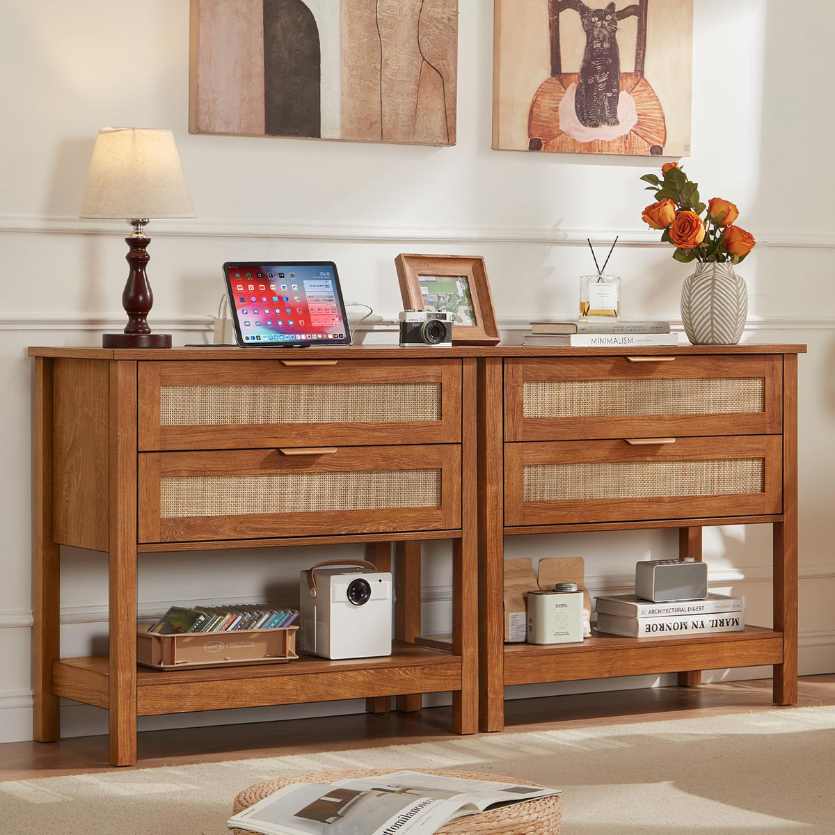 LEYAOYAO 26.8" Wide Rattan Nightstand, Large Boho 3 Drawer Night Stand