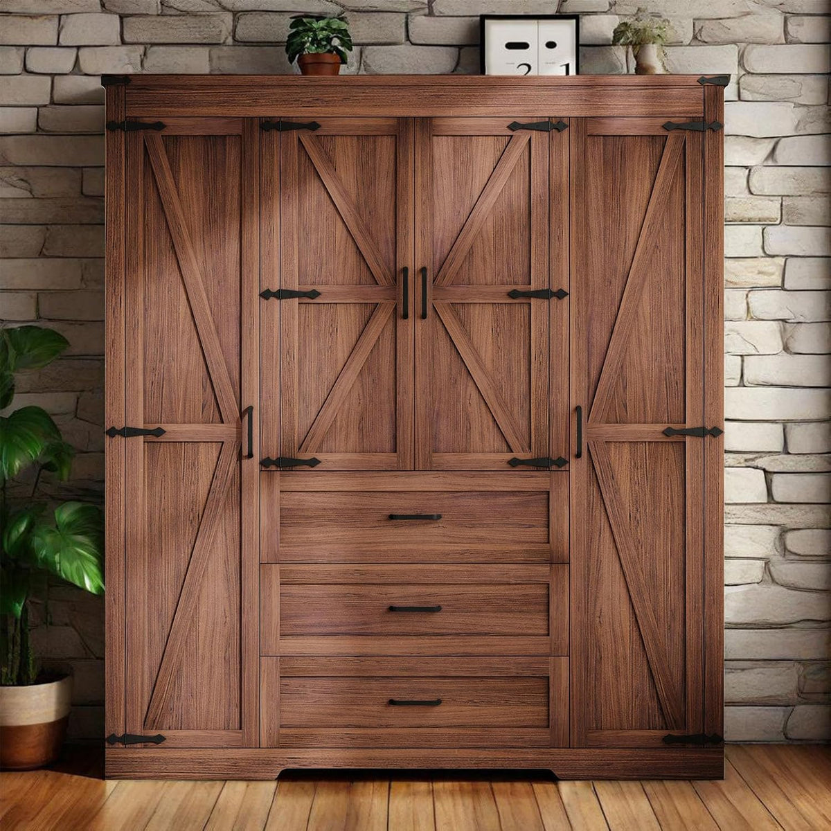 70" Tall Armoire Wardrobe Closet with 4 Doors & 3 Drawers, Farmhouse Bedroom Storage Cabinet with Hanging Rod, Freestanding Wooden Armoire Wardrobe Closet, Brown