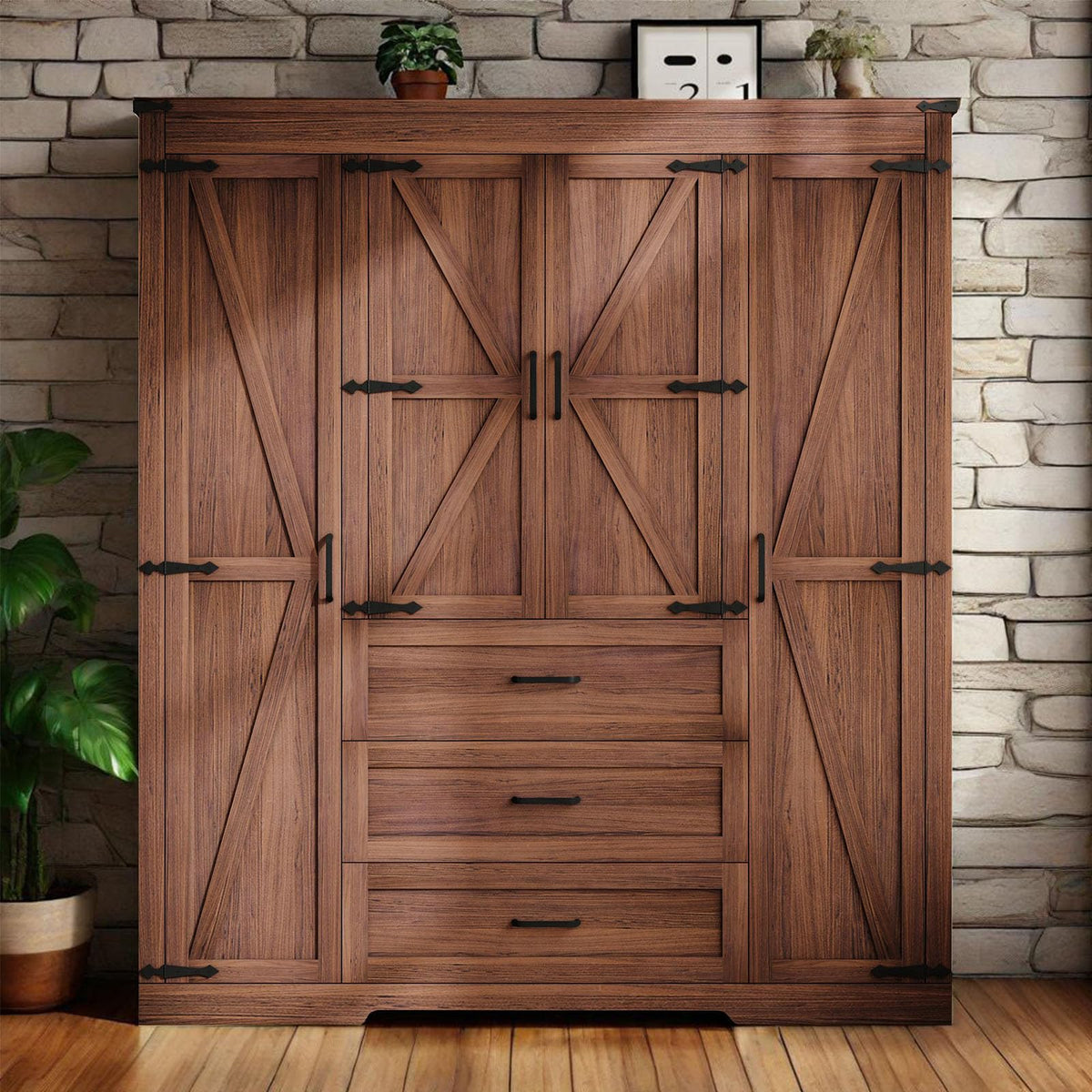 70" Tall Armoire Wardrobe Closet with 4 Doors & 3 Drawers, Farmhouse Bedroom Storage Cabinet with Hanging Rod, Freestanding Wooden Armoire Wardrobe Closet, Brown