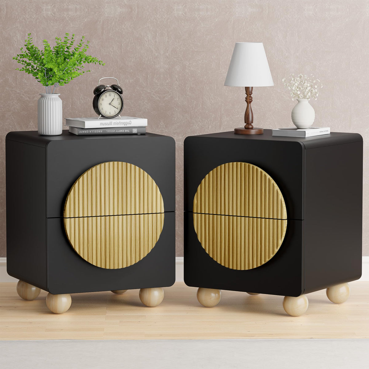 Fluted Nightstands Set of 2, 23.7'' Wide Night Stand with 3 Drawers, Mid-Century Modern Bedside Table with Handles, Wood End Table for Bedroom, Walnut