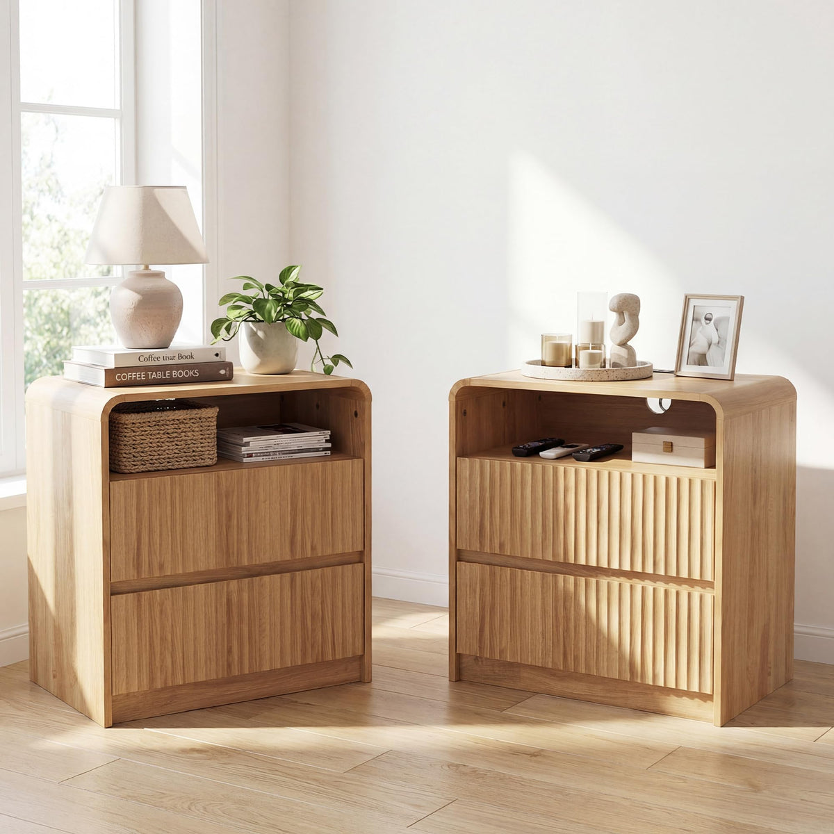Seang Nightstand Set of 2,Fluted Nightstand with Charging Station,Wooden Bedside Table with Curved Profile Design,3 Drawers Storage,Large End Table for Bedroom,Walnut.