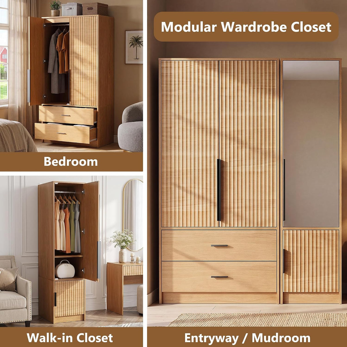 62.6"H Wooden Armoire Wardrobe Closet with Fluted Doors and Drawer, Natural