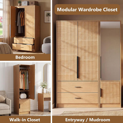 62.6"H Wooden Armoire Wardrobe Closet with Fluted Doors and Drawer, Natural