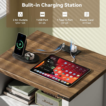 Decofy Farmhouse Nightstand Set of 2 with Charging Station, 2 Drawers