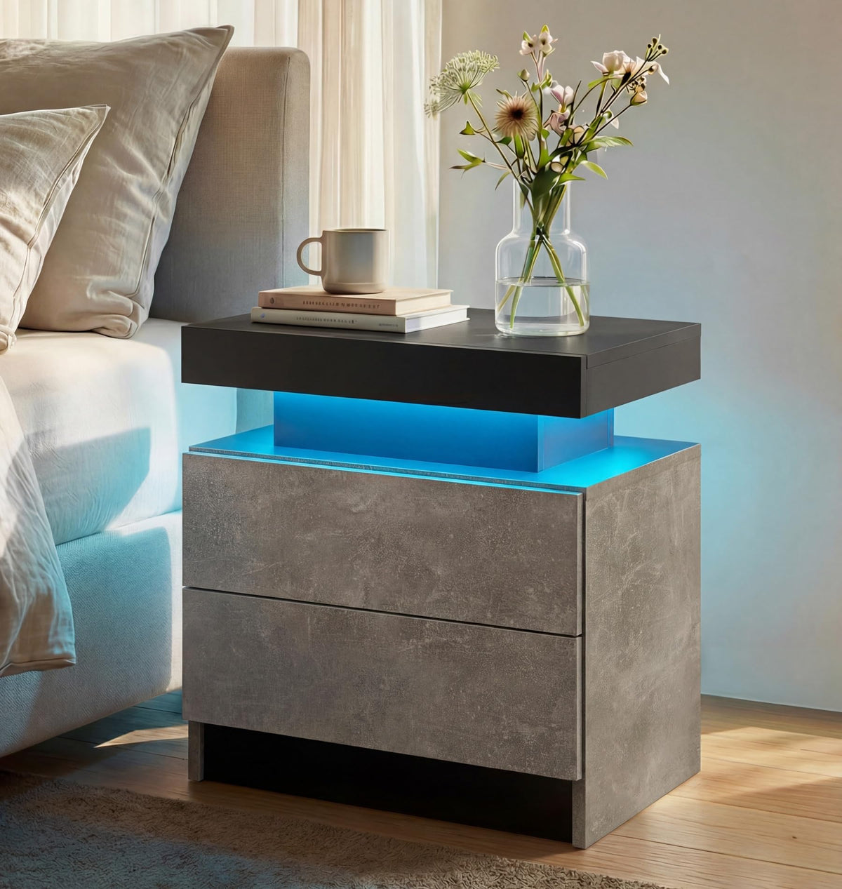 i-aplus Black Modern LED Nightstand Set of 2 with 2 Wood Drawer for Bedroom