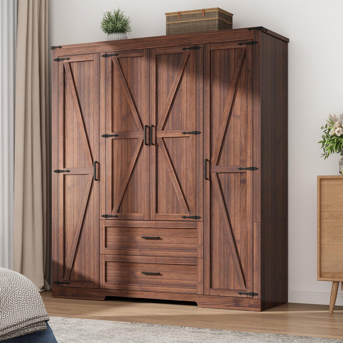 Hlivelood 4 Doors Wardrobe Armoire Closet with Doors and Drawers, Farmhouse Wooden Armoire Storage Cabinet with Shelves & Hanging Rod for Bedroom, Grey