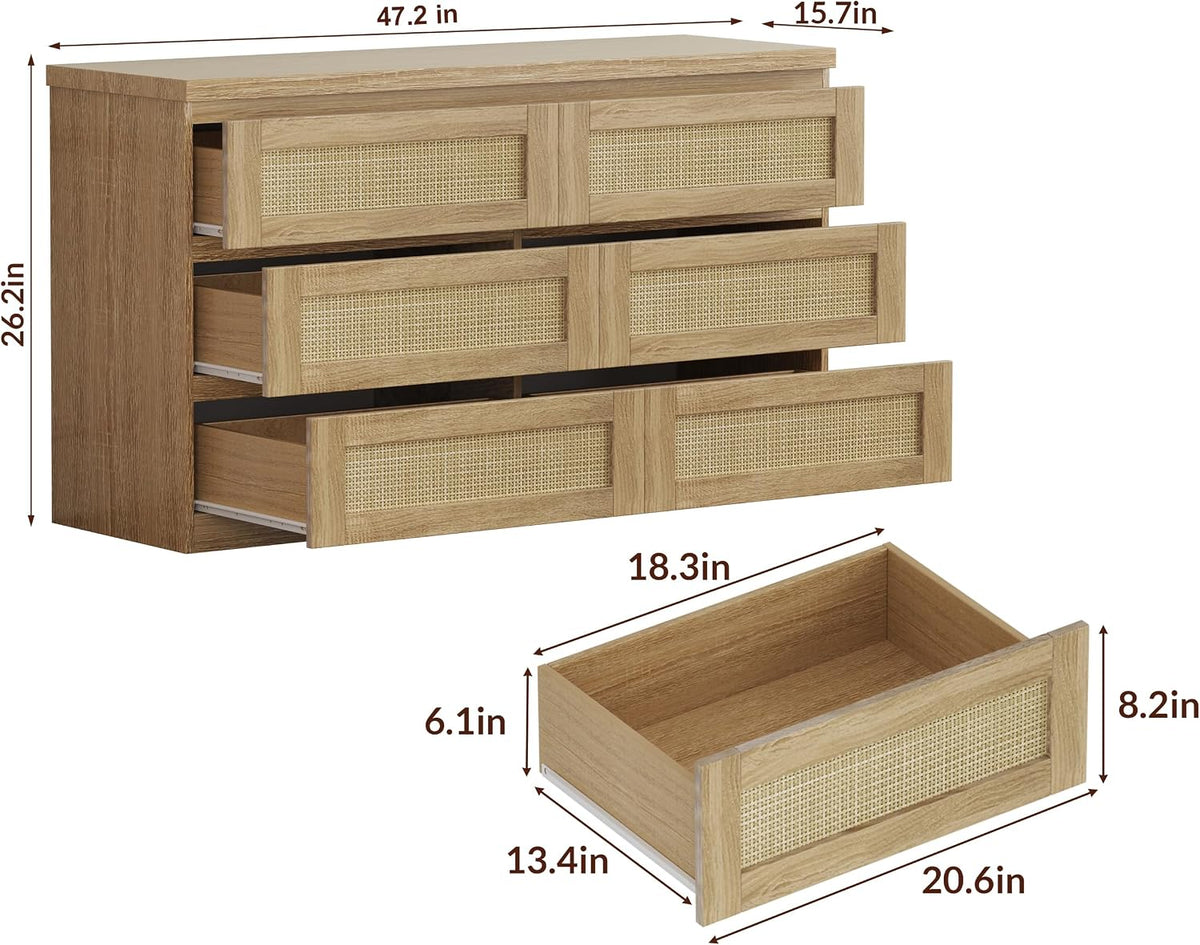 Garvee Rattan 6-Drawer Dresser for Bedroom - Slim Wooden Chest of Drawers, Durable Freestanding Storage Organizer Cabinet for Living Room and Entryway, Oak