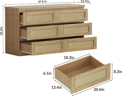 Garvee Rattan 6-Drawer Dresser for Bedroom - Slim Wooden Chest of Drawers, Durable Freestanding Storage Organizer Cabinet for Living Room and Entryway, Oak