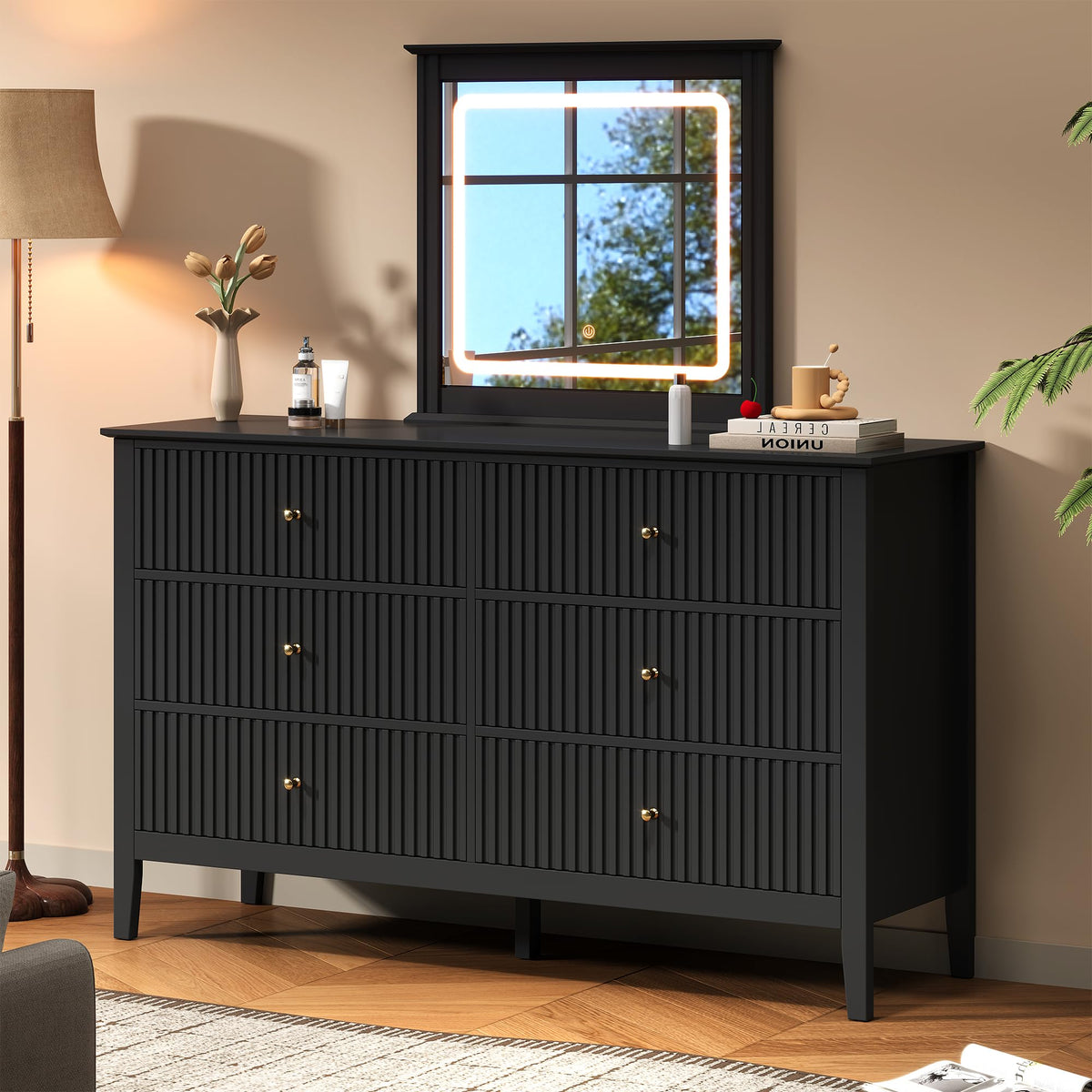 RoyalCraft 6 Drawer Dresser, Fluted Modern Wood Chest of Drawers, Long Dresser for Bedroom TV Stand Storage Cabinet for Living Room, Blue