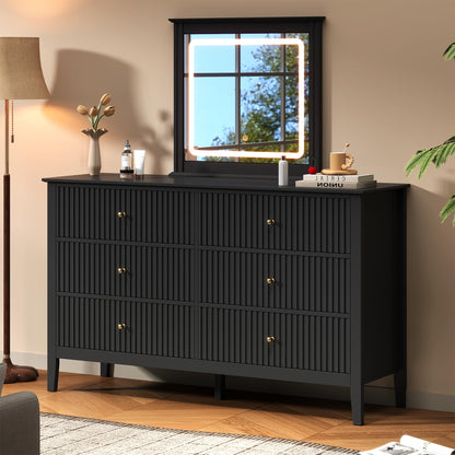 RoyalCraft 6 Drawer Dresser, Fluted Modern Wood Chest of Drawers, Long Dresser for Bedroom TV Stand Storage Cabinet for Living Room, Blue