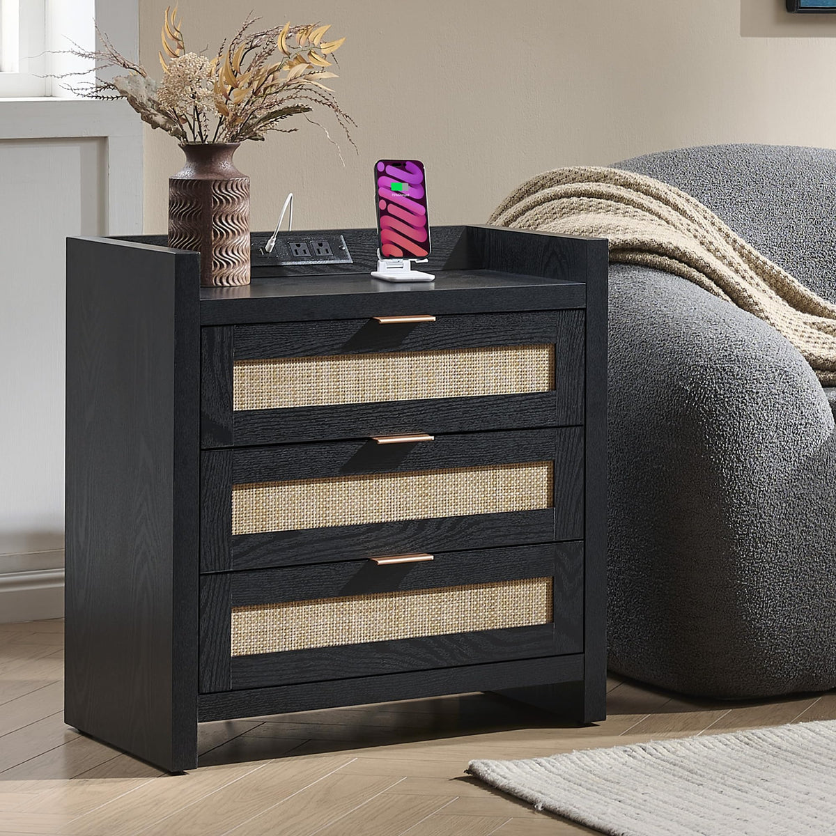 SICOTAS Rattan Nightstands Set of 2, Tall Bedside Table with 3 Drawers