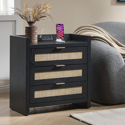 SICOTAS Rattan Nightstands Set of 2, Tall Bedside Table with 3 Drawers