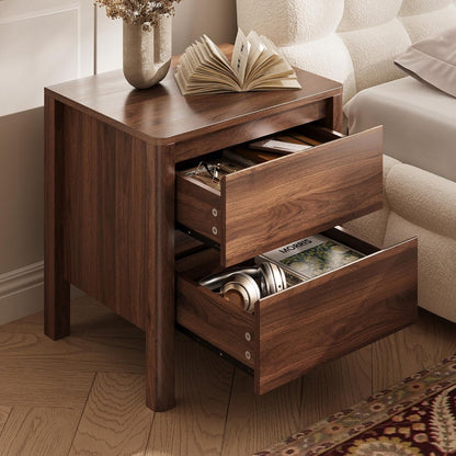 MAISONARIA Walnut Nightstands Set of 2, Mid Century Modern Bedside Table with Hidden Handles and Wood Legs, Wooden End Table with 2 Drawers for Bedroom