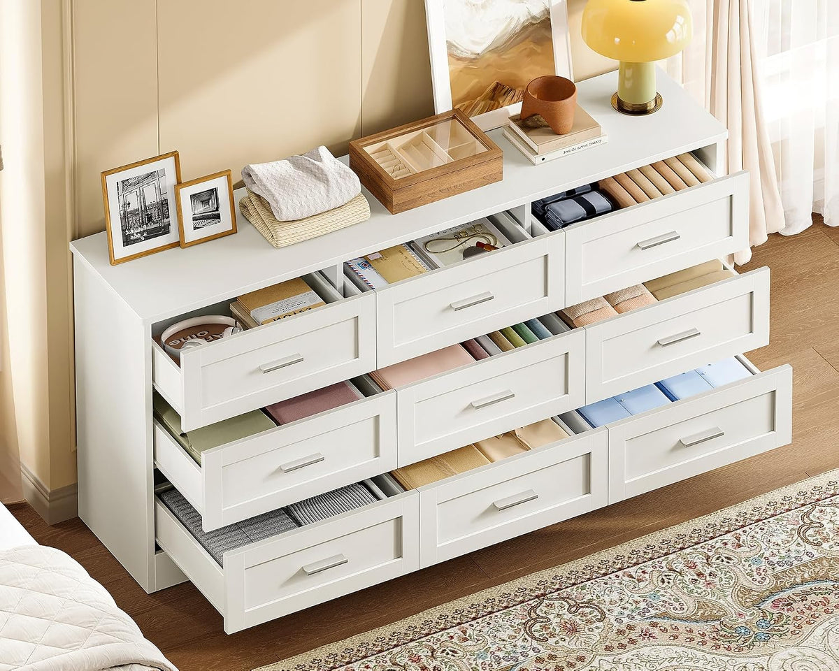 TEENFON 57.1"W White Dresser for Bedroom, Modern 9 Drawer Dresser with Metal Handles, Wood Dressers & Chest of Drawers, Wooden Closet Clothes Storage Organizer for Bedroom, Living Room, Hallway, White