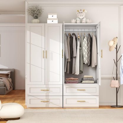 White Wardrobe with 4 Doors and 4 Drawers，75" Tall x 63" Wide