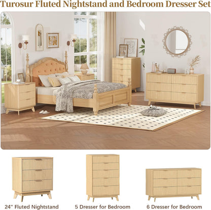 Turosur 24" Wide Fluted Nightstand with 3 Drawers for Bedroom, Oak
