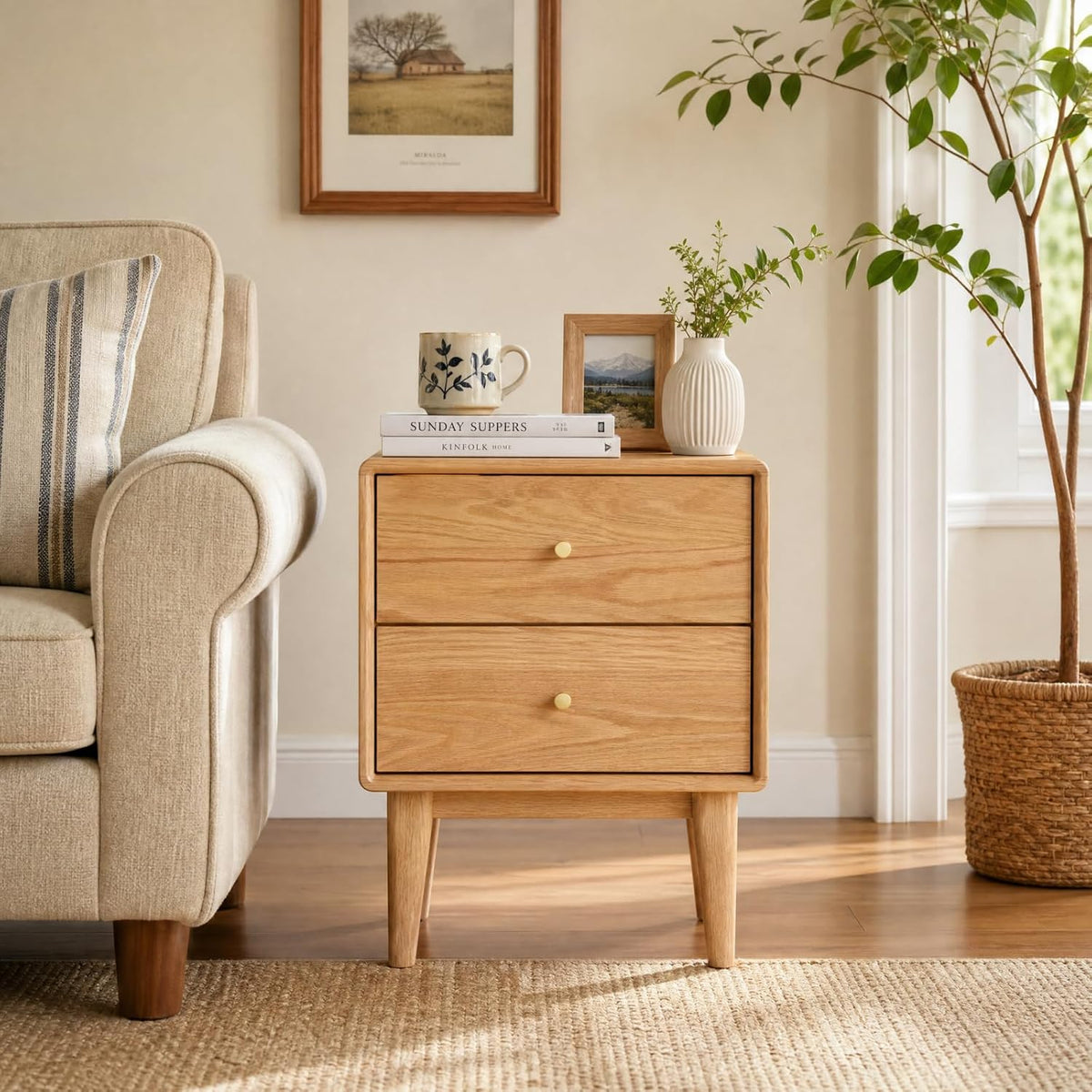 Solid Oak Wood Nightstand Set of 2, Natural Wood Nightstand with 2 Drawers, Mid Century Modern Night Stand, Wood Bedside Table Set of 2, Small Night Stand for Bedroom(19.69" H)