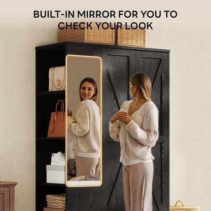 LIKIMIO Armoire Wardrobe Closet 70 Inches, Large Storage with Mirror, 2 Doors, Drawer, and Shelves, Modern Bedroom Freestanding Wooden Wardrobe Combination with Hanging Rail, Black