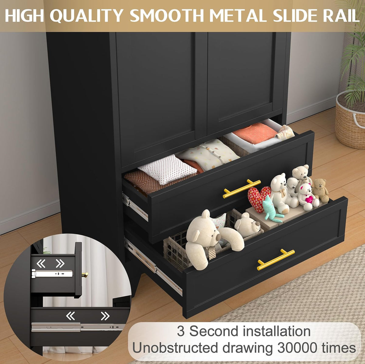 GAIOUS 71" Metal Wardrobe Cabinet with 2 Drawers and Hanging Rod Black