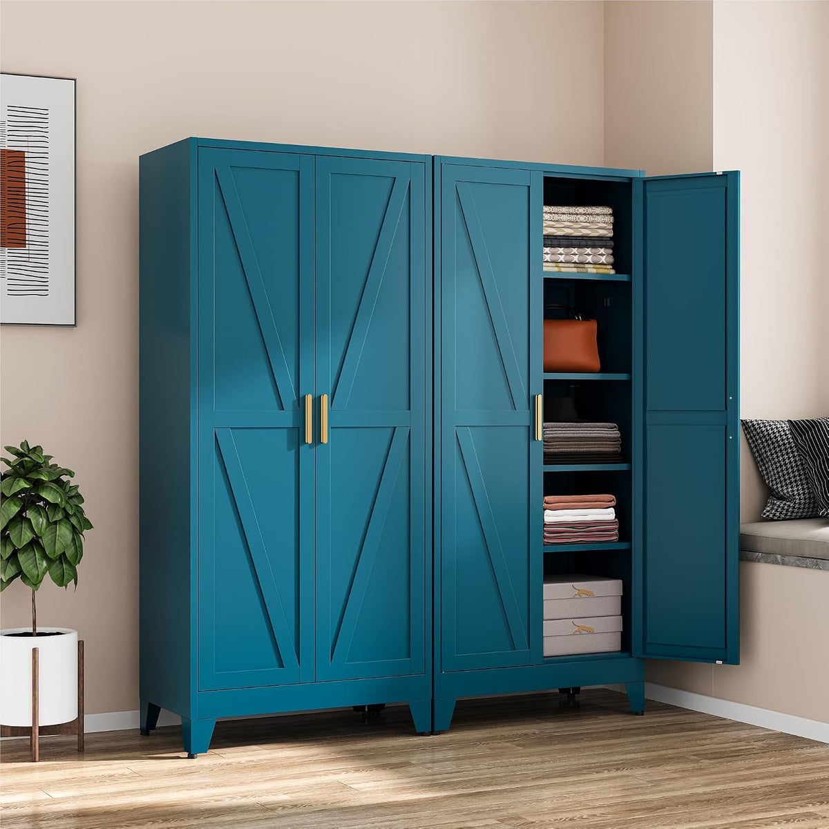 COFaR Peacock Blue Armoire Wardrobe, 71" Metal Closet with Reversible Hanging & Shelving Sections, Freestanding Storage Cabinet with Top Compartment & Adjustable Shelves