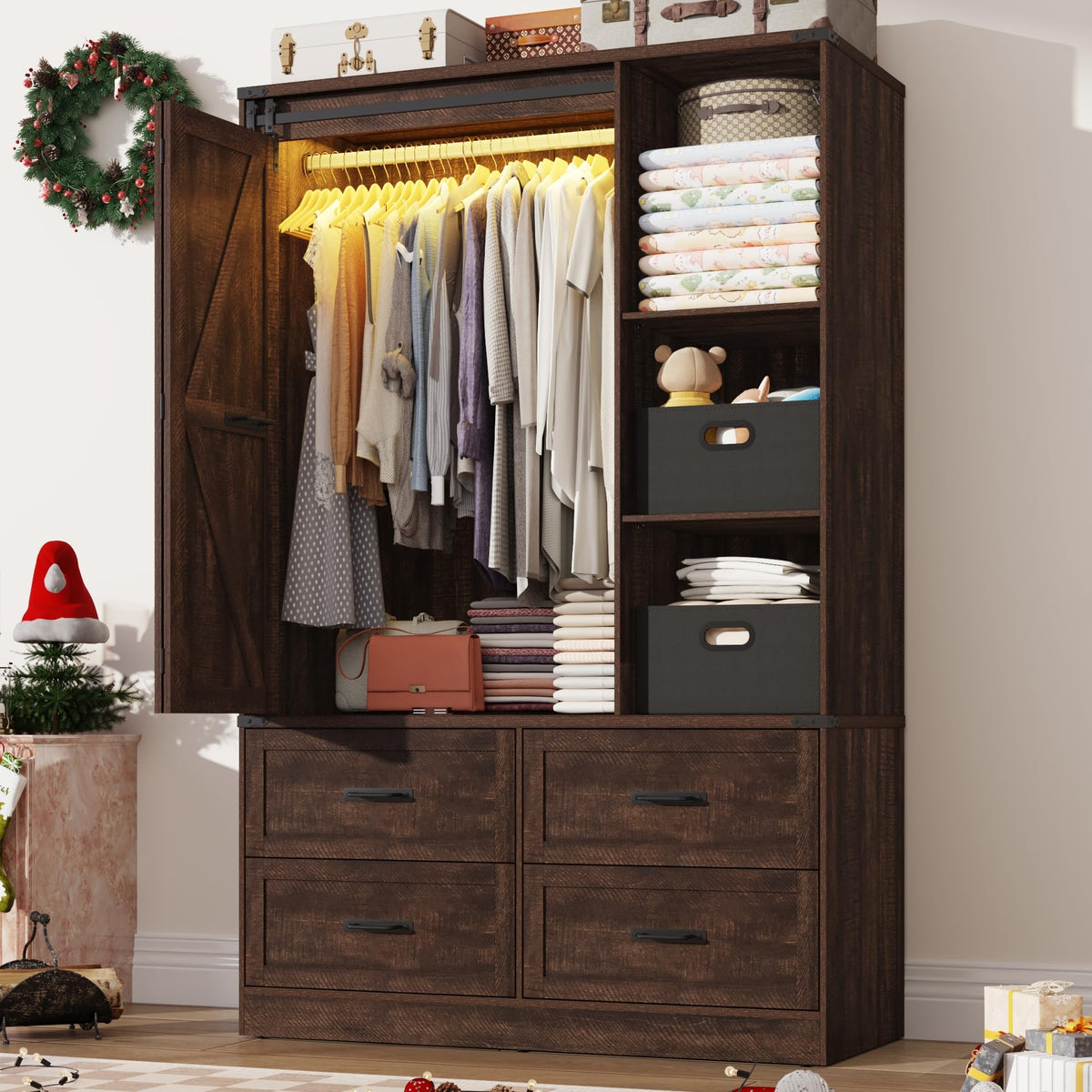 Farmhouse 3 Doors Armoire Wardrobe Closet w/Folding Sliding Barn Door and Lights, LED Armoire Closet w/Drawers for Bedroom, Freestanding Wooden Wardrobe Storage Closets w/Hanging Rod,Antique White