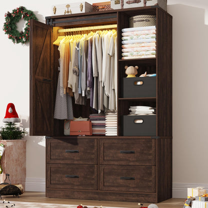 Farmhouse 3 Doors Armoire Wardrobe Closet w/Folding Sliding Barn Door and Lights, LED Armoire Closet w/Drawers for Bedroom, Freestanding Wooden Wardrobe Storage Closets w/Hanging Rod,Antique White