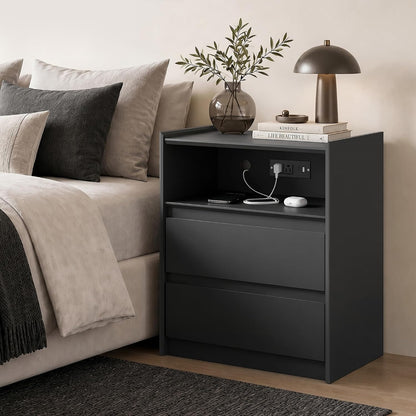 Black Nightstand with Charging Station, 24"H, 2 Drawers & Shelf