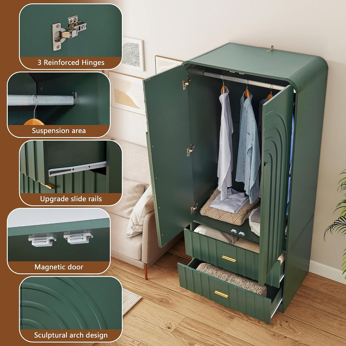 ORRD Freestanding Armoire Wardrobe Closet with Arched Fluted 2 Doors and 2 Storage Drawers, Large Capacity Wardrobe Cabinet Bedroom Organizer for Clothes, Blankets and Accessories, Green