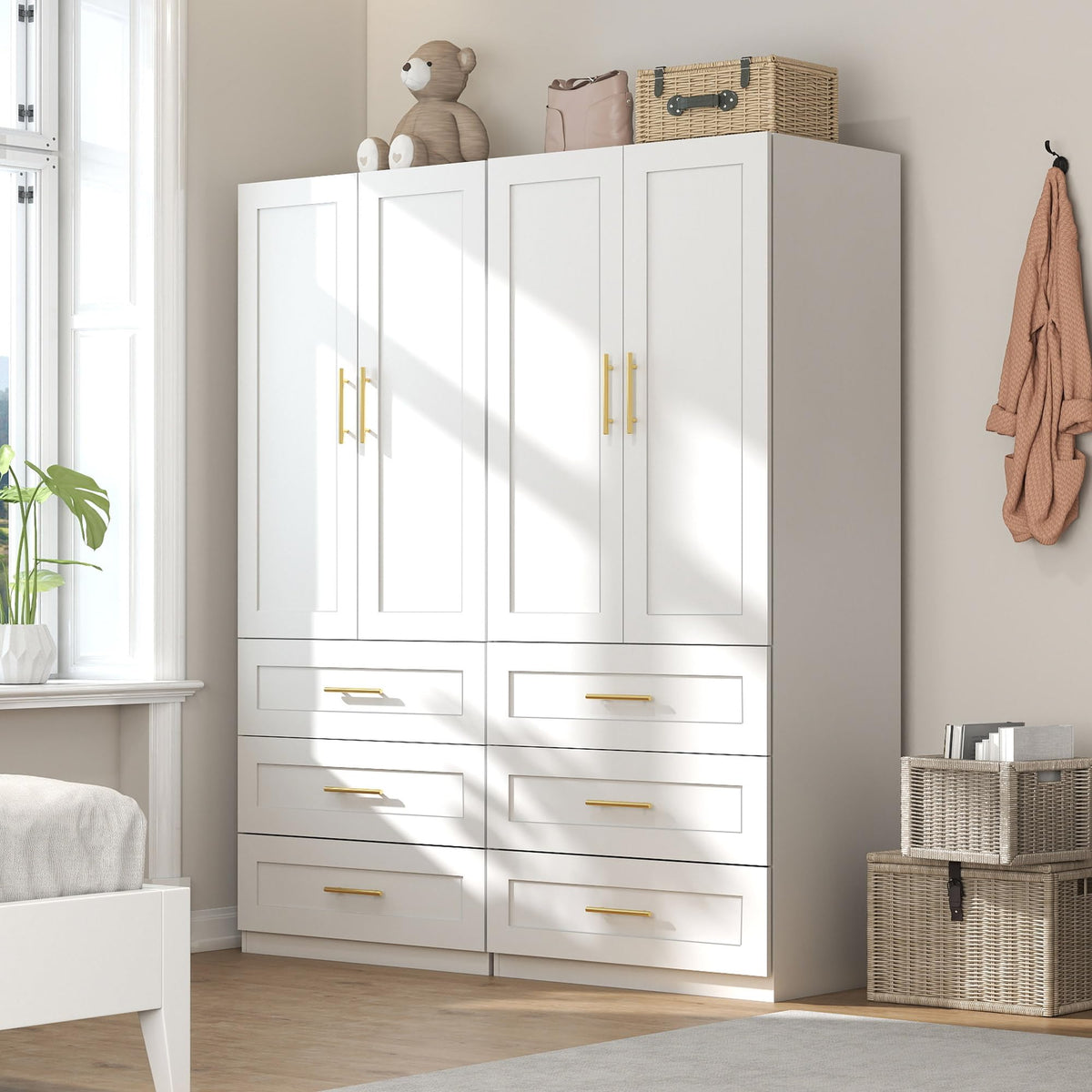 White Wardrobe with 4 Doors and 4 Drawers，75" Tall x 63" Wide