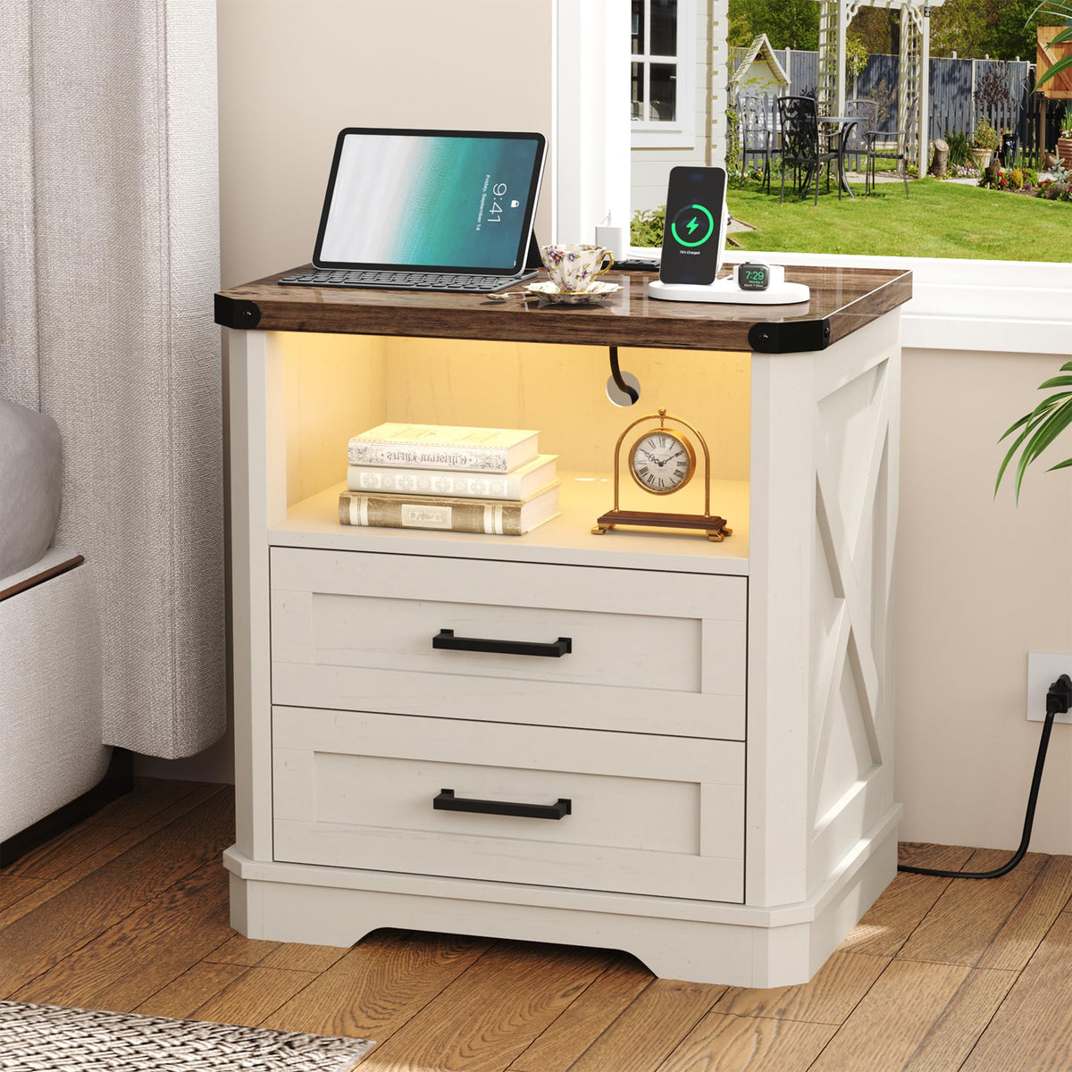 Yusong Farmhouse Night Stand with Gun Drawer & Invisible Lock, Rustic Wooden Night Stand with Charging Station, Beside Table with Drawers and Open Storage, End Tables for Bedroom, (White 004)