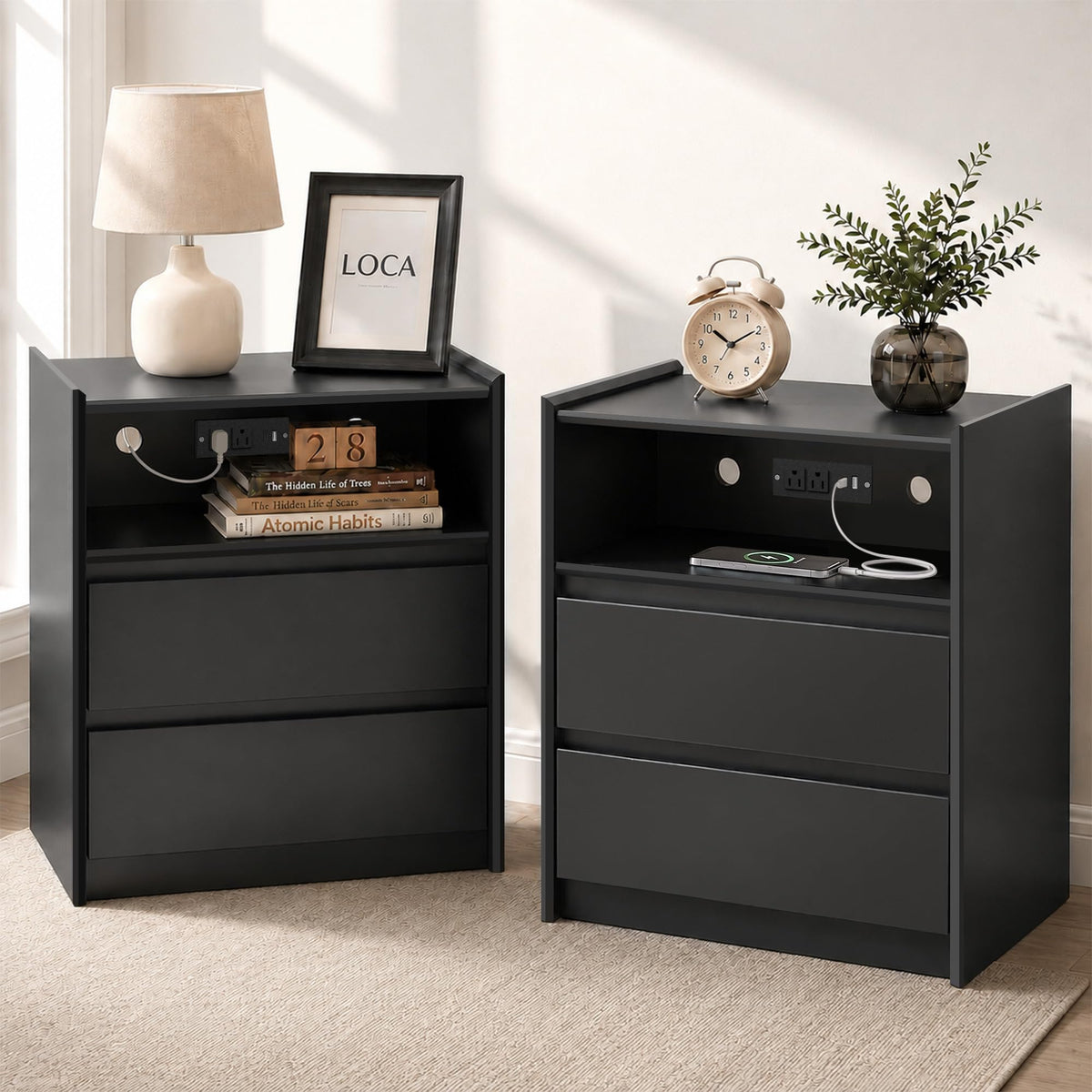 Black Nightstand with Charging Station, 24"H, 2 Drawers & Shelf