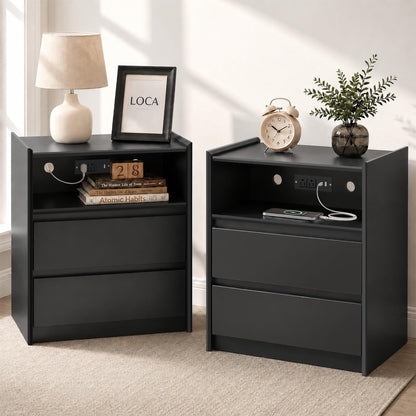 Black Nightstand with Charging Station, 24"H, 2 Drawers & Shelf