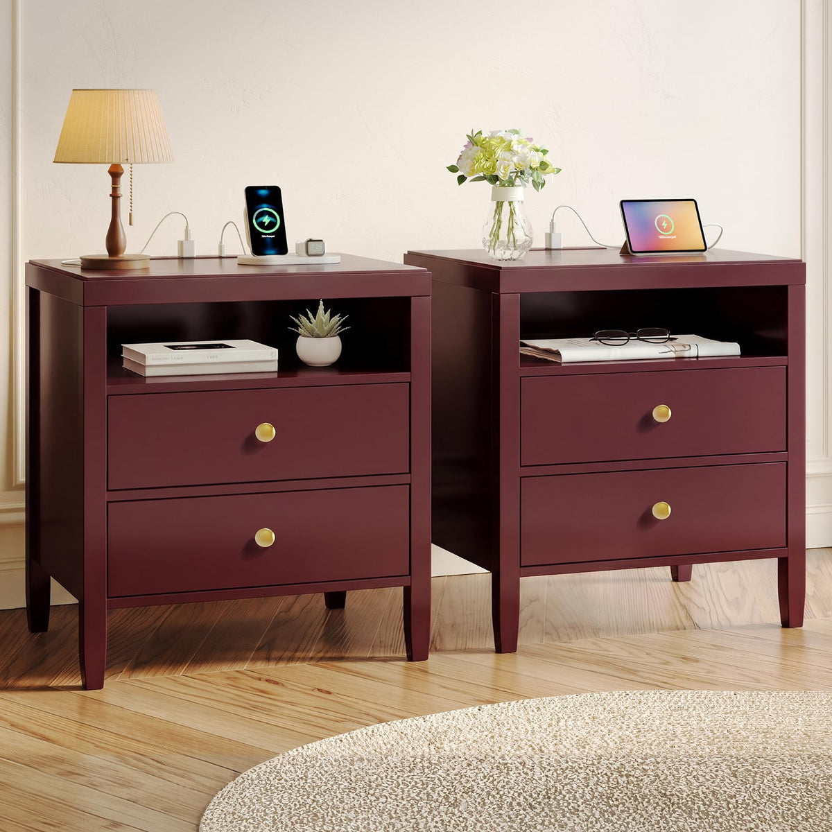 Huuger Black Nightstand Set of 2, Night Stand with Charger Station