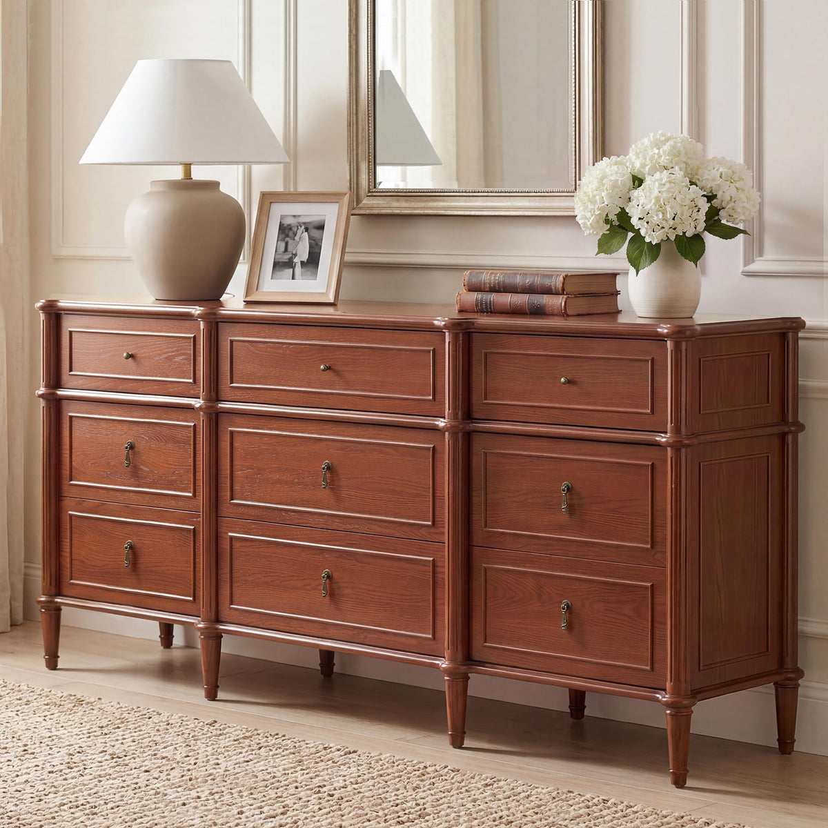 STO'SENSE 63" 9-Drawer Dresser with Power Outlet, Architectural Wood Storage Chest with Framed Drawers, Vintage Metal Pulls and Solid Wood Tapered Legs, Long Bedroom Dresser TV Stand,Brown