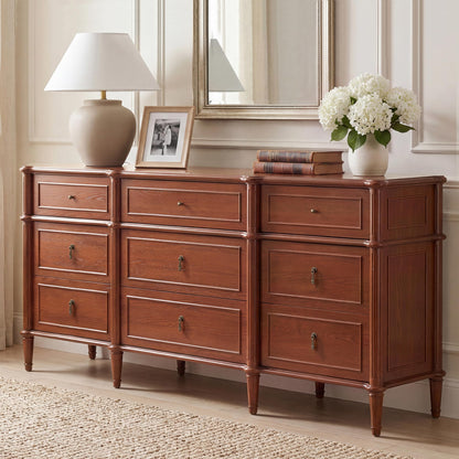 STO'SENSE 63" 9-Drawer Dresser with Power Outlet, Architectural Wood Storage Chest with Framed Drawers, Vintage Metal Pulls and Solid Wood Tapered Legs, Long Bedroom Dresser TV Stand,Brown