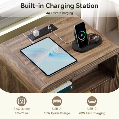Decofy Fluted Nightstand Set of 2 with Charging Station, 2 Drawers, Walnut
