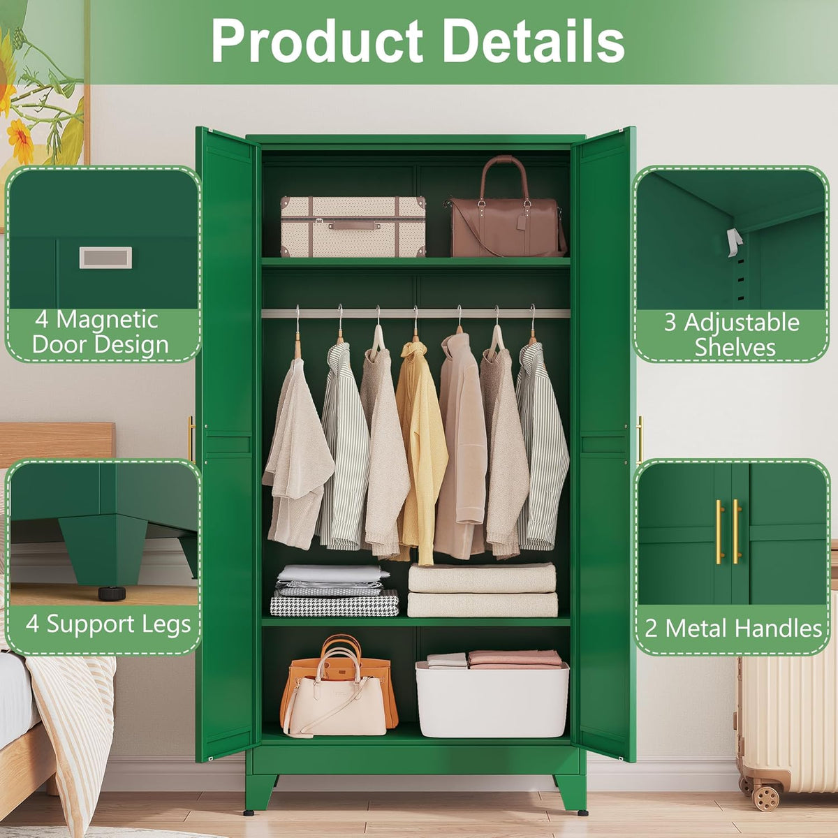 Ckzbx 71" H Metal Armoire Wardrobe Closet, Adjustable Shelve, Clothes Drying Pole, Steel Wardrobe Cabinet for Bedroom (Green)