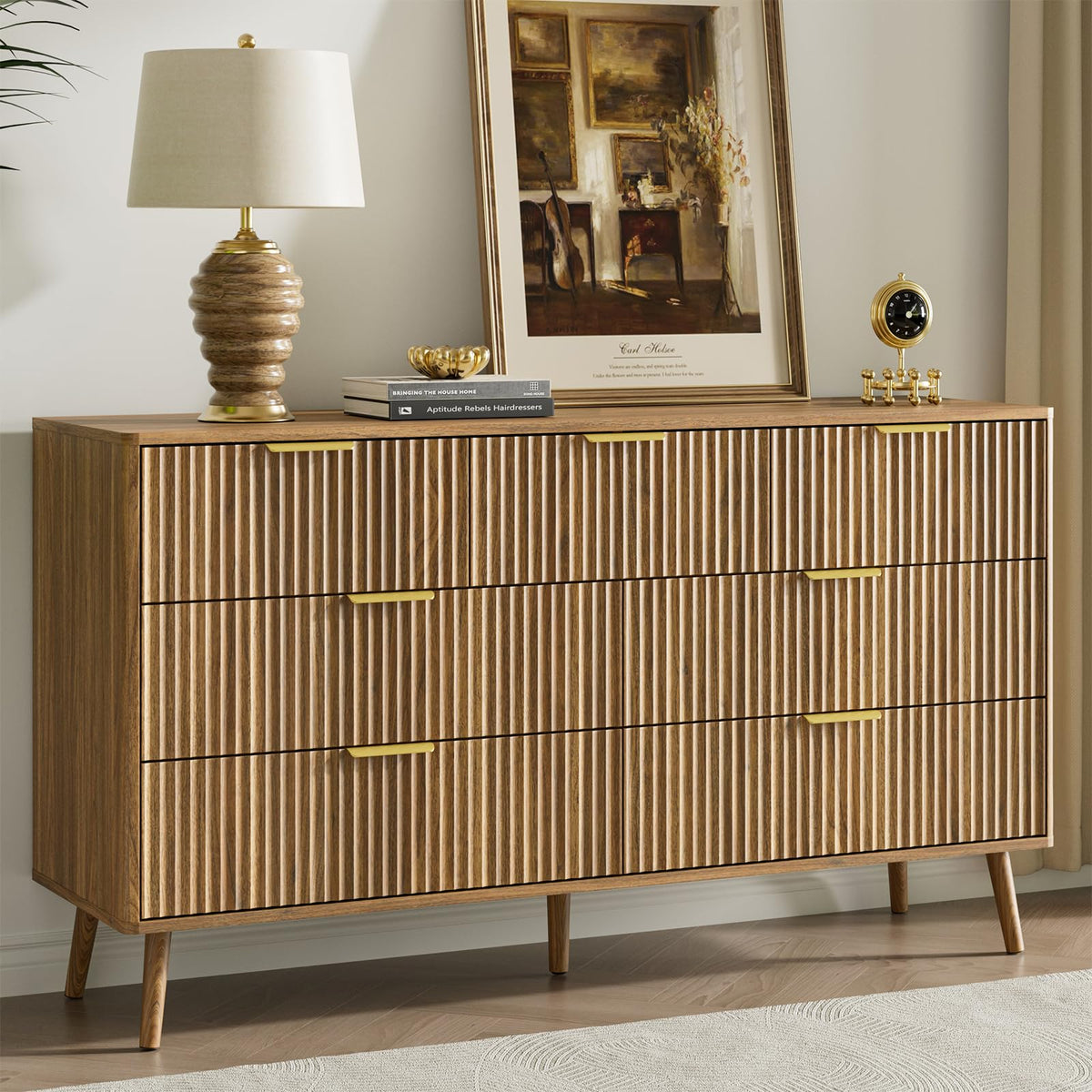 LYNSOM 55" Wide Fluted Dresser for Bedroom with 6 Drawer, Modern Chest of Drawers with Curved Profile Design and Metal Handles, Wood Dresser TV Stand & Storage Organizer for Living Room, Walnut