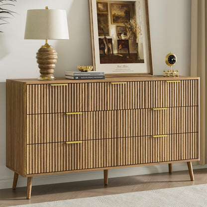LYNSOM 55" Wide Fluted Dresser for Bedroom with 6 Drawer, Modern Chest of Drawers with Curved Profile Design and Metal Handles, Wood Dresser TV Stand & Storage Organizer for Living Room, Walnut