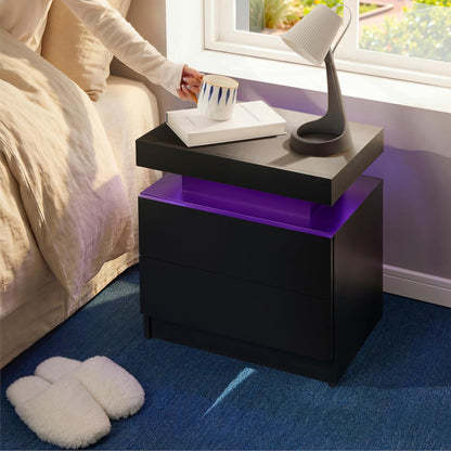 i-aplus Black Modern LED Nightstand Set of 2 with 2 Wood Drawer for Bedroom