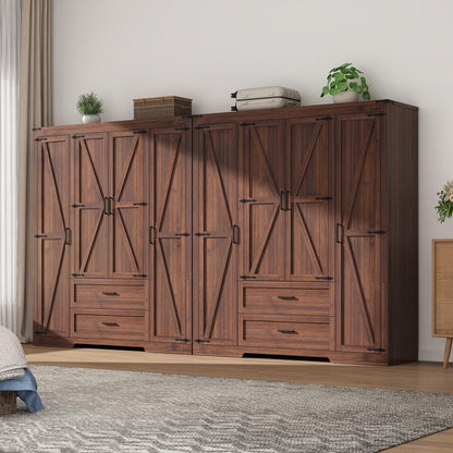 Hlivelood 4 Doors Wardrobe Armoire Closet with Doors and Drawers, Farmhouse Wooden Armoire Storage Cabinet with Shelves & Hanging Rod for Bedroom, Grey