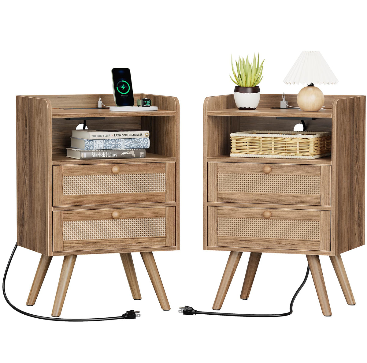 SUPERJARE Nightstands Set of 2, Night Stands with Charging Station