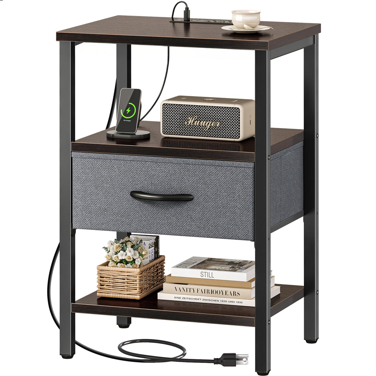 SUPERJARE Nightstand with Charging Station, USB-C Port, Bedside Table